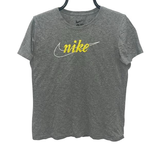 Nike Women's LG Slim Fit Crew Neck Gray Yellow Swoosh Graphic T-shirt - Picture 1 of 4